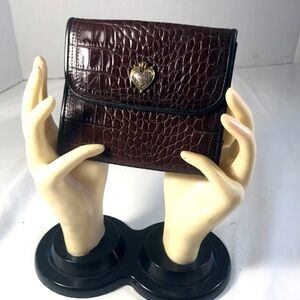 Vintage Brighton Metal Hearts Brown Crocodile Embossed Leather Bi Fold Wallet